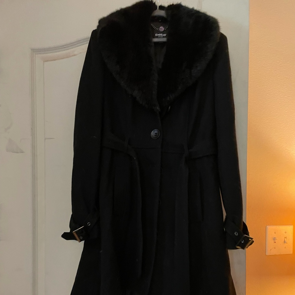 Black Bebe coat with fur boarder.